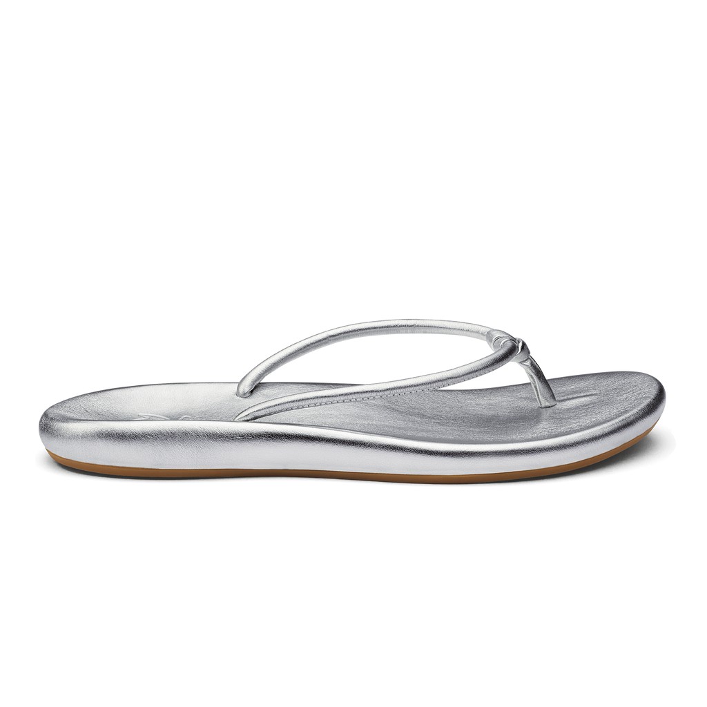 Olukai Zehentrenner Damen - Huawai Leder Silber - 69480QODW